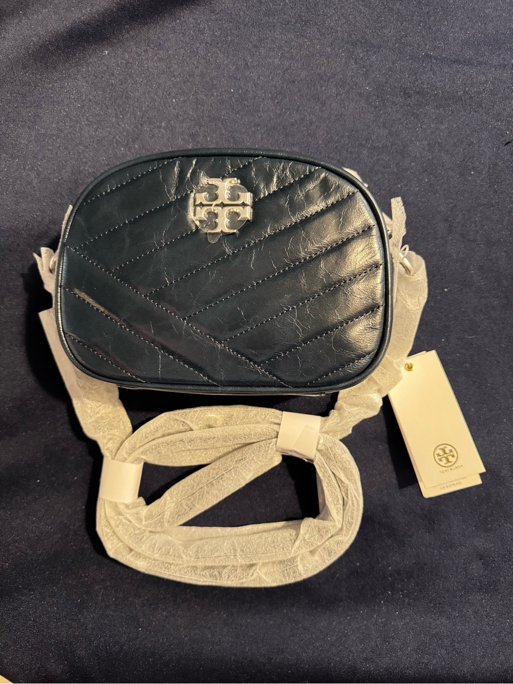 Tory Burch Kira Small Blue Distressed Chevron Quilted Crossbody Zip Gold